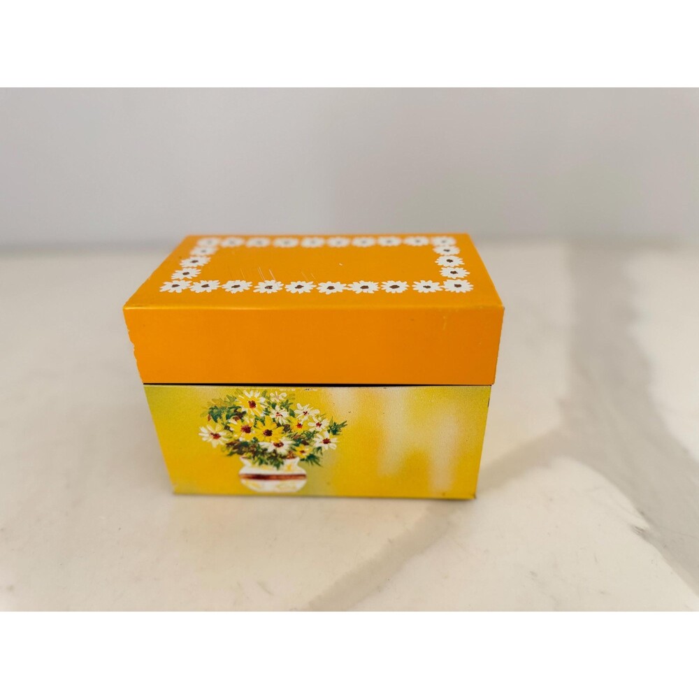 Vintage 1960s Tin Recipe Box Ohio Art Yellow Floral Design Stamped Bryan, Ohio
